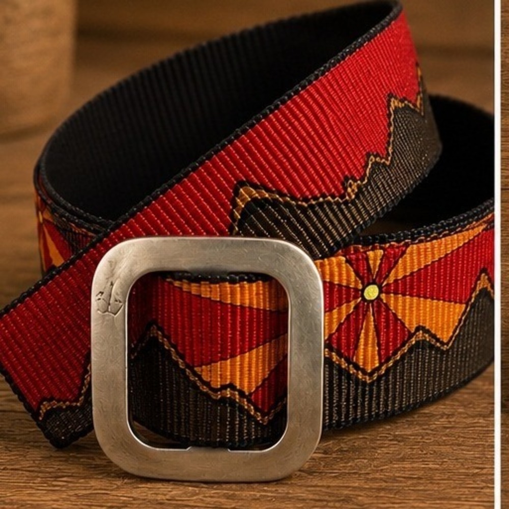 Vtg Thomas Bates Mountain Sunburst Web Belt Red Orange Brown Southwestern USA